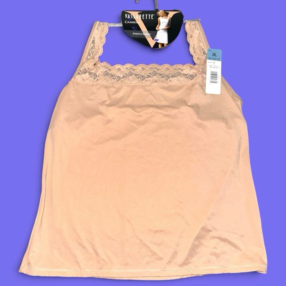 NWT Vassarette Beige Lace Trim Microfiber Camisole Top 2X Square Neck Coquette